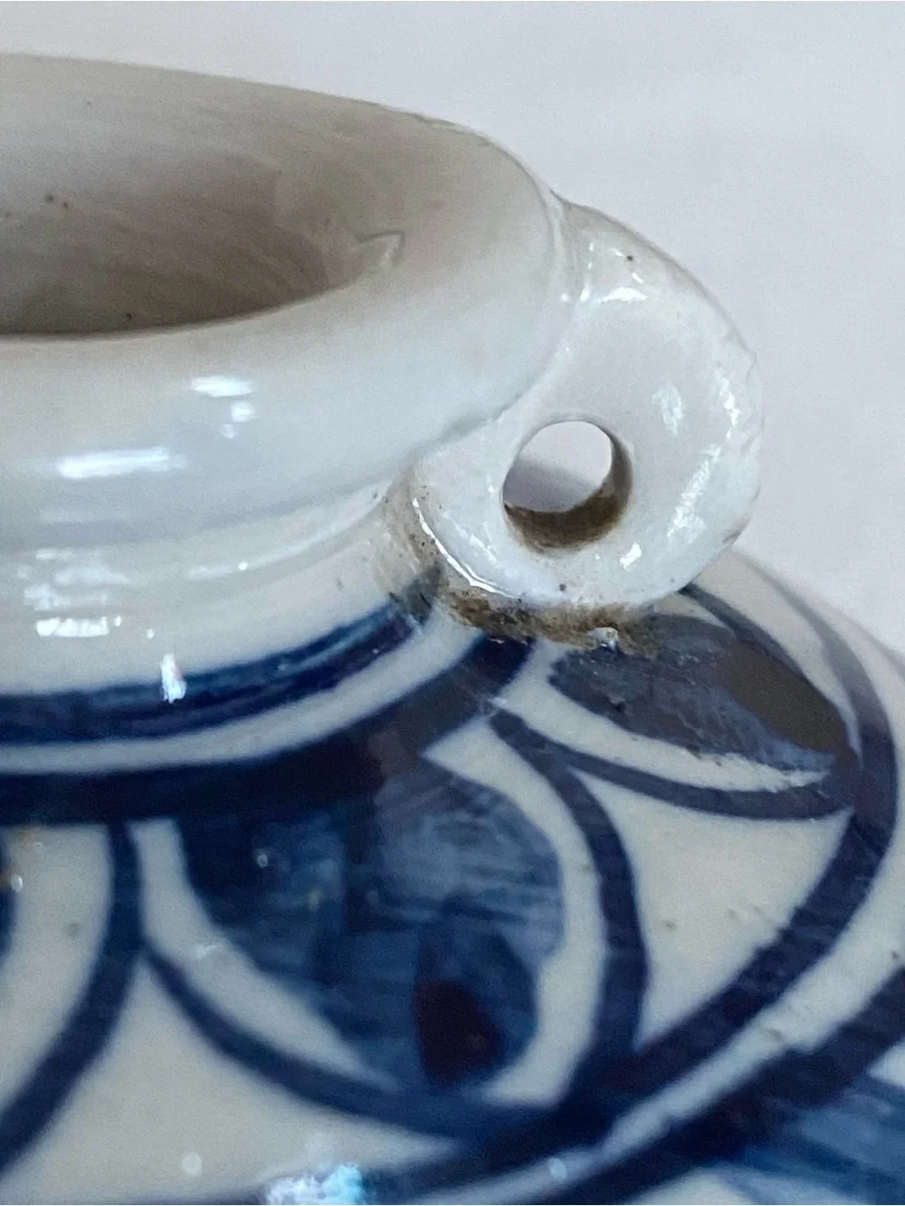VTG Ming Style Handled Vase w Deer Fish Scale Design Blue Gray Pottery 3”